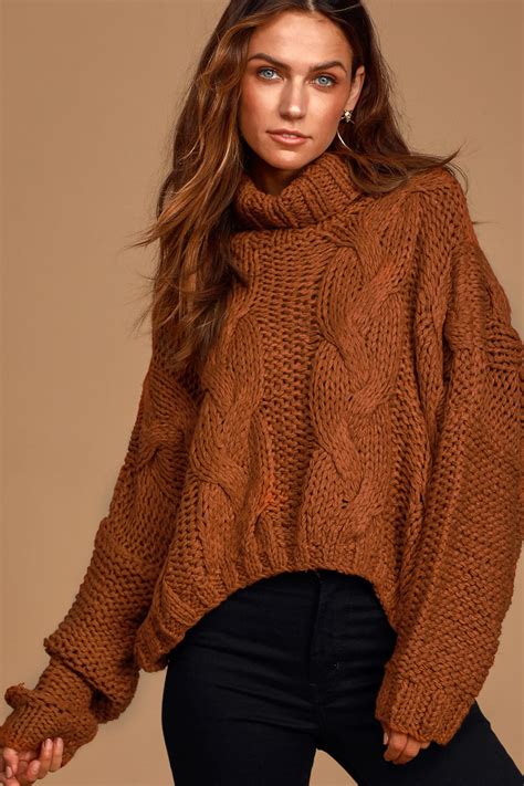 Morning Snowfall Rust Brown Cable Knit Cropped Sweater Knit Turtleneck Sweater Sweaters