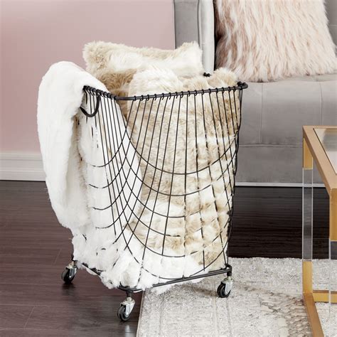 Decmode Large Rectangular Black Metal Mesh Laundry Basket With Wheels