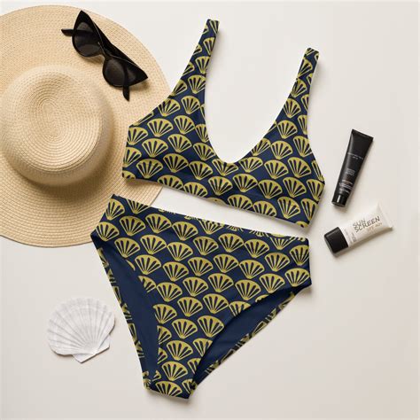 Shell Bikini Navy And Gold High Waisted Recycled Tyler Rose Swimwear