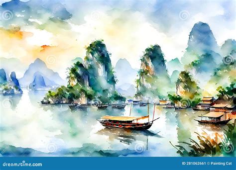 Watercolor Painting Of Boats In The Halong Bay Vietnam Stock