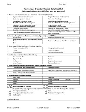 Fillable Online New Employee Orientation Checklist EarlyHead Start Fax