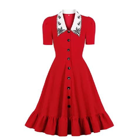 Robe Vintage Rouge évasée Col Rabattu Des Années 30 Retro Verso