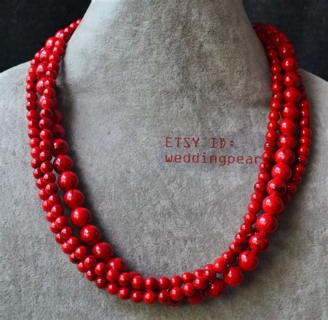 Red Turquoise Necklacetriple Strand 18 Inch 6 10mm Red Bead Necklacestatement Necklaceman