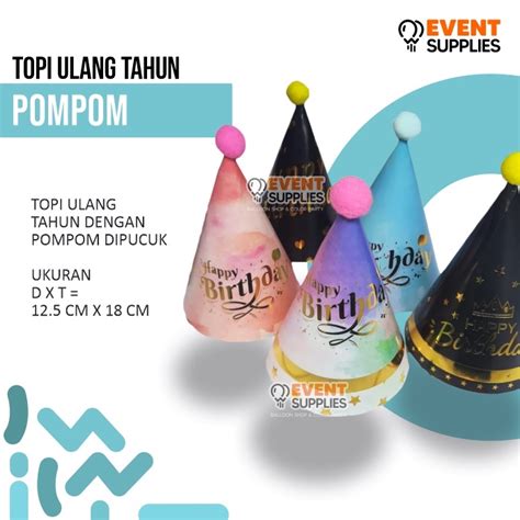 Jual Premium Topi Kerucut Pom Pom Rumbai Ulang Tahun Rainbow Soft