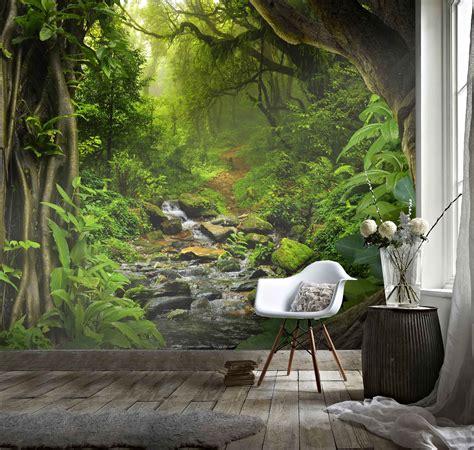 3D Rainforest Wallpaper, River Wall Mural, Moss Wall Decor, Landscape ...