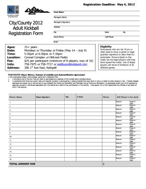 Fillable Online City County Adult Kickball Registration Form