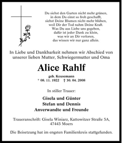 Traueranzeigen Von Alice Rahlf Trauer In NRW De