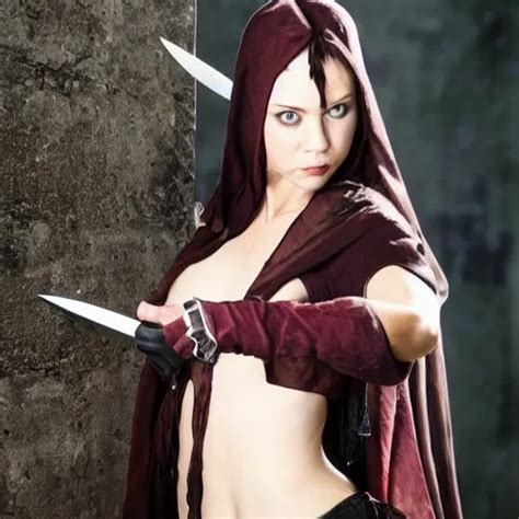 Full Shot Photo Of A A Beautiful Female Assassin With Stable