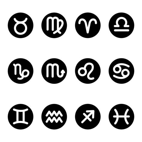 12 Zodiac Symbol Icons White On Black Background Round Shape In 2024