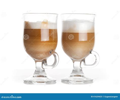 Latte Coffee, Two Glass Mugs with Handles on White Stock Image - Image ...