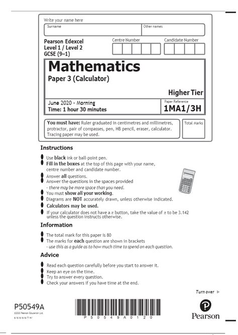 Pearson Edexcel Level 1 Level 2 Gcse 91 Mathematics Paper 3 Higher