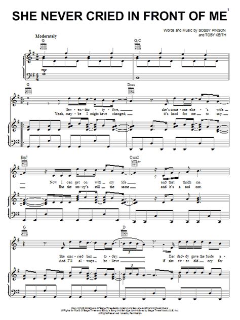 She Never Cried In Front Of Me By Toby Keith Sheet Music For Piano