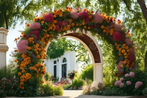 A Colorful Archway Decorated With Flowers In Front Of A Building AI