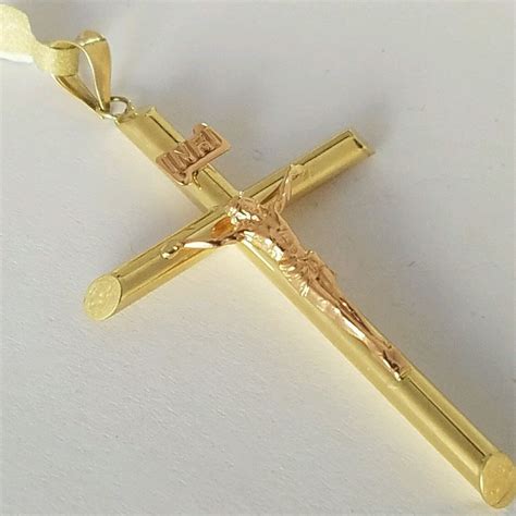 Big K Rose Yellow Gold Jesus Crucifix Cross Pendant Inch Long