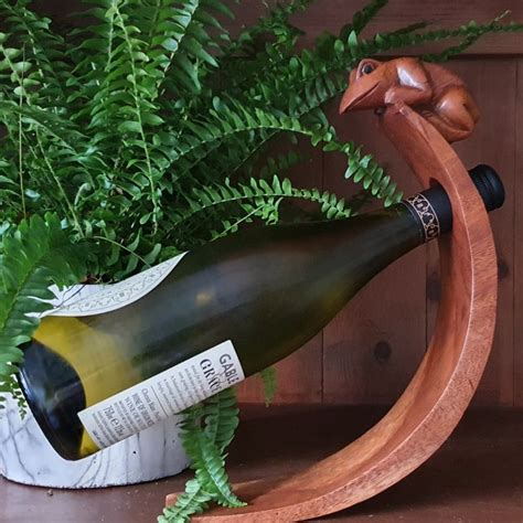 Hand Carved Curved Wine Bottle Holder Frog