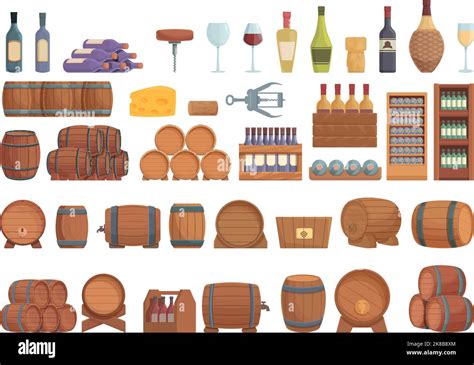 Wine Cellar Icons Set Cartoon Vector Barrel Keg Tank Alcohol Stock