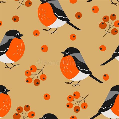 Seamless Pattern With Funny Colorful Bullfinch Birds Flowers And