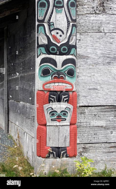 Totems Poles From The Tlingit Tribe Adorns The Totem Village Tribal