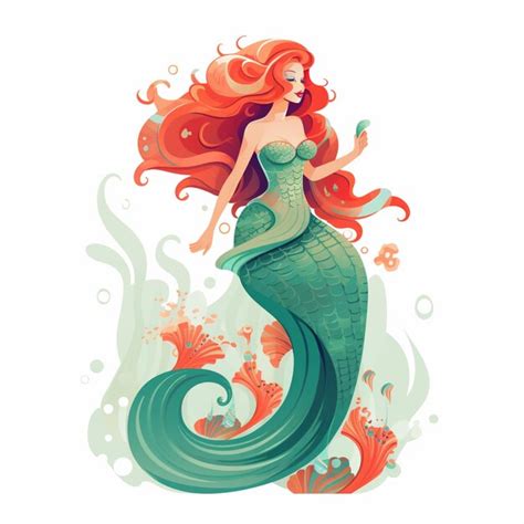 Sirena Con Pelo Largo Rojo Y Vestido Verde Parada Sobre Una Ola