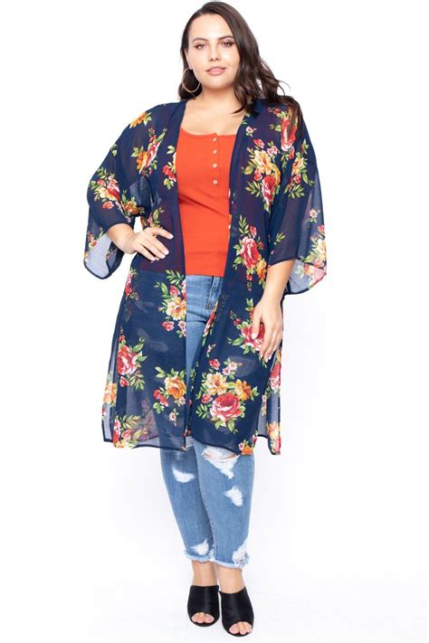 Plus Size Sheer Floral Print Kimono Navy Trendy Plus Size Fashion