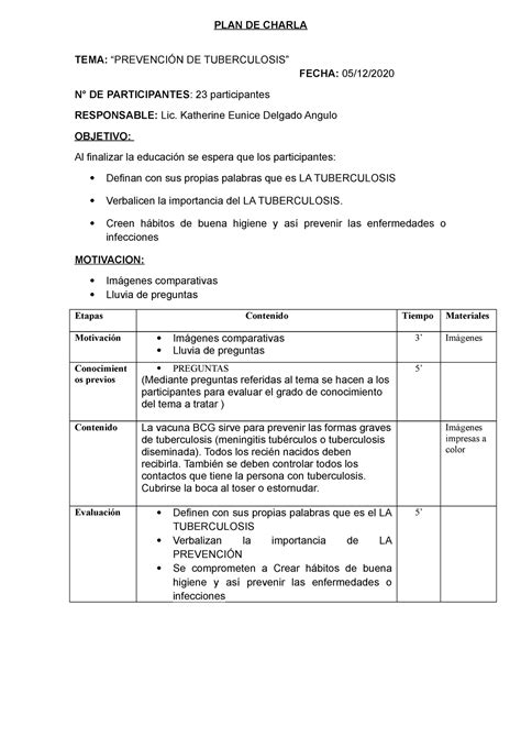 Charla Tbc Dic Plan De Charla Tema Prevenci N De Tuberculosis