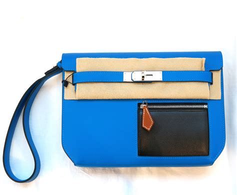 Pre Owned Hermes Kelly Depeche 25 Pouch Blue Hydra Black Fauve