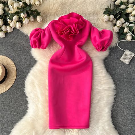 Elegant Sexy High Waist Slash Neck Puff Sleeve Three Dimensional Flower