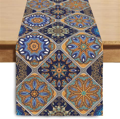 Winotic Boho Bohemian Table Runner 72 Inches Long Vintage Seasonal Blue Table