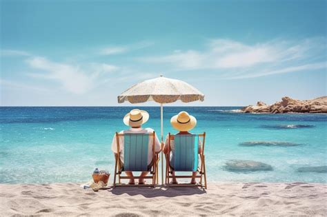 Premium Ai Image Couple On A Beach With Parasol And Man Sitting Under