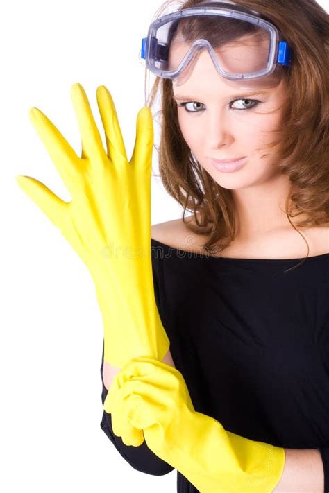 Woman Worker With Yellow Rubber Gloves Stock Image Image Of Caucasian