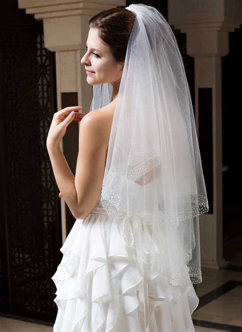 Two Tier Fingertip Bridal Veils With Beaded Edge Jj S House