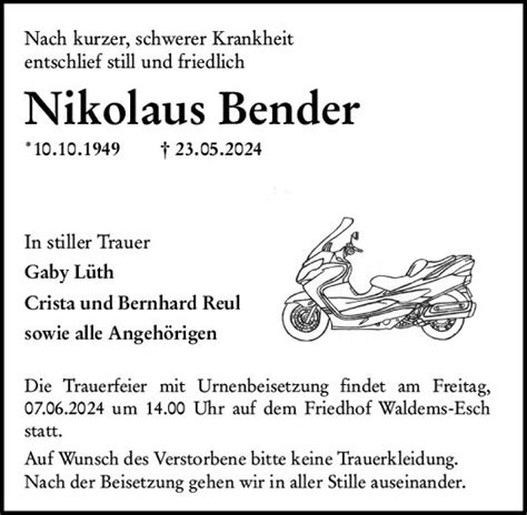 Traueranzeigen Von Nikolaus Bender Vrm Trauer De