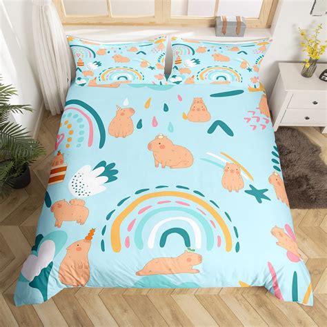 Yst Girly Rainbow Bedding Set Capybara Duvet Cover Twin Size Cartoon