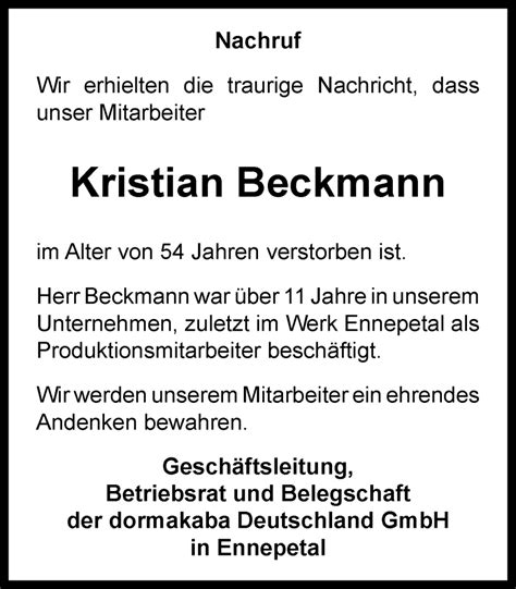 Traueranzeigen Von Kristian Beckmann Trauer In Nrw De