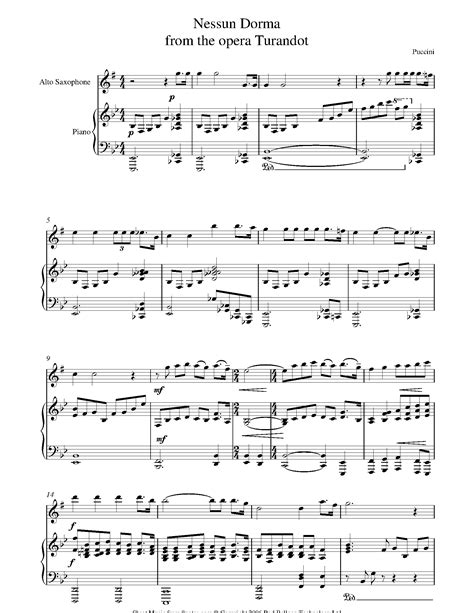 Puccini Nessun Dorma From Turandot Sheet Music For Saxophone Notes