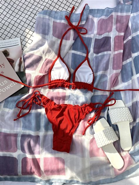 Set bikini unicolor con ribete de lechuga sujetador de microtriángulo