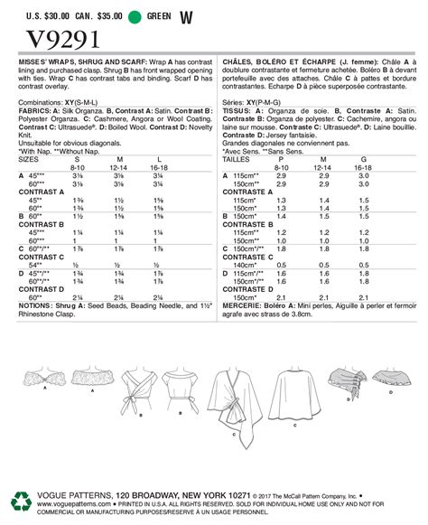 Vogue Patterns Misses Wraps Shrug And Scarf