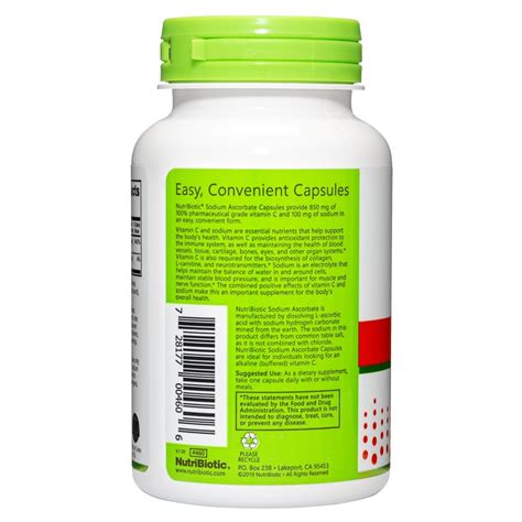 NutriBiotic Sodium Ascorbate 850 mg Capsules, 100 caps.