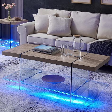 OKD Modern Wood Coffee Table with LED Lights and Glass Shelf Storage ...