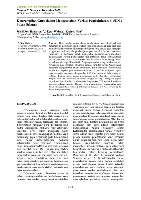 Pdf Keterampilan Guru Dalam Menggunakan Variasi Pembelajaran Di Sdn