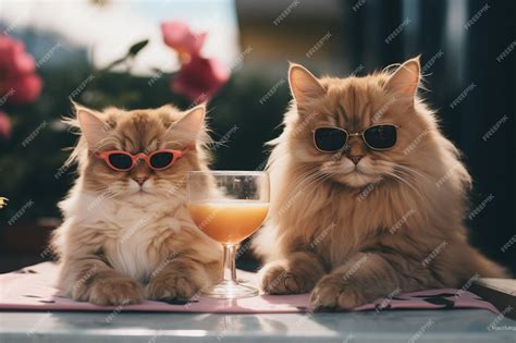 Premium Photo Two Cats Wearing Sunglasses Sit Next To A Glass Of Juice