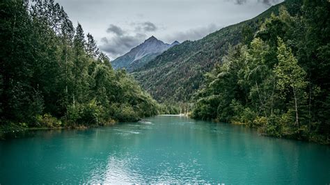 Beautiful River Mountains Trees Jungle Slope Nature Clouds Wallpaper