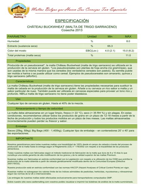 especificación château buckwheat malta de trigo sarraceno 2013