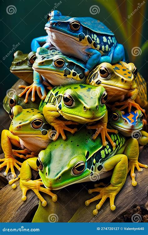 Group Of Frogs Sitting On Top Of Each Other On Piece Of Wood