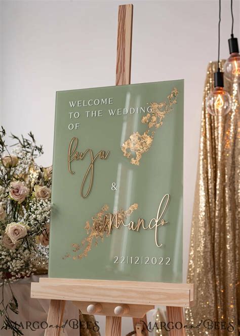 Acrylic Sage Green Gold Wedding Welcome Sign Painted Acrylic Gold