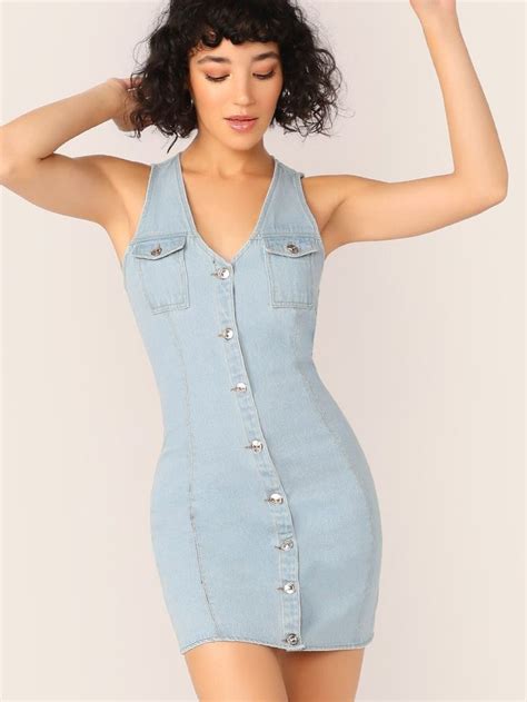 Blue V Neck Button Front Sleeveless Denim Dress