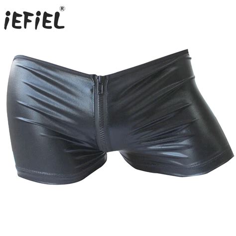 Iefiel Black Sexy Mens Patent Leather With Zipper Underwear Underpants Boxer Shorts For Gay Men