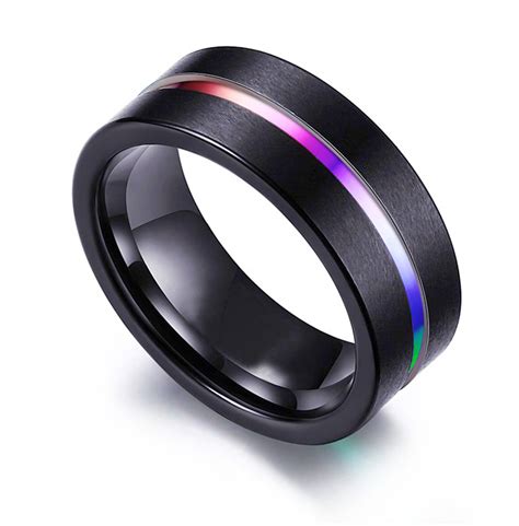 Rainbow Anodized Black Tungsten Carbide Steel Ring Gay And Lesbian