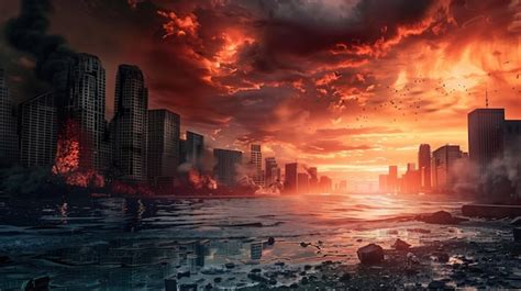 Apocalyptic Cityscape With Fiery Sky Destroyed Buildings And Flooded