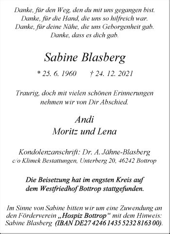 Traueranzeigen Von Sabine Blasberg Trauer In NRW De